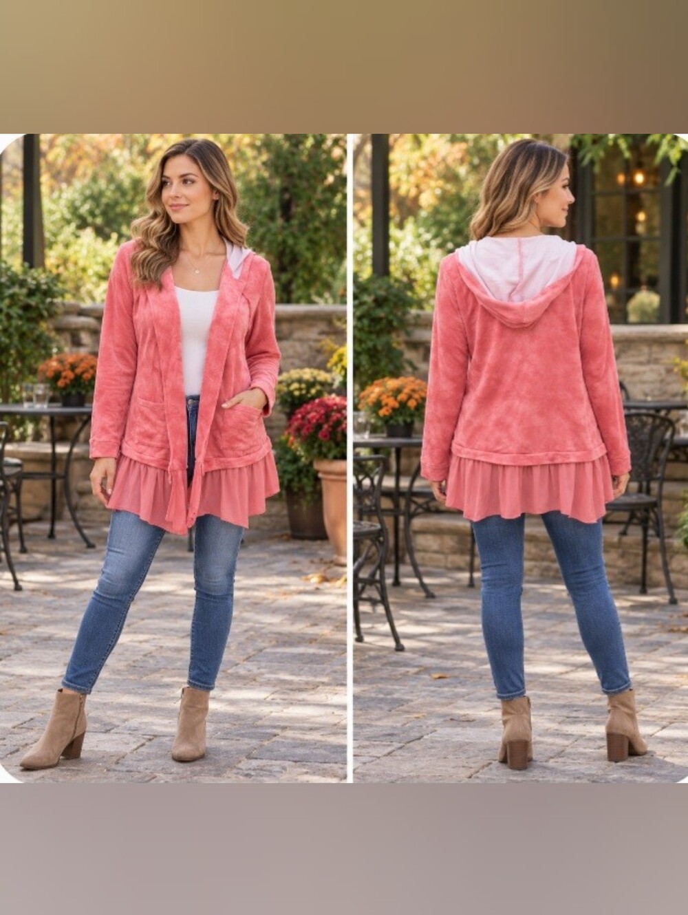 Women's Coral Hooded Ruffle-Hem Cardigan with Front Pockets